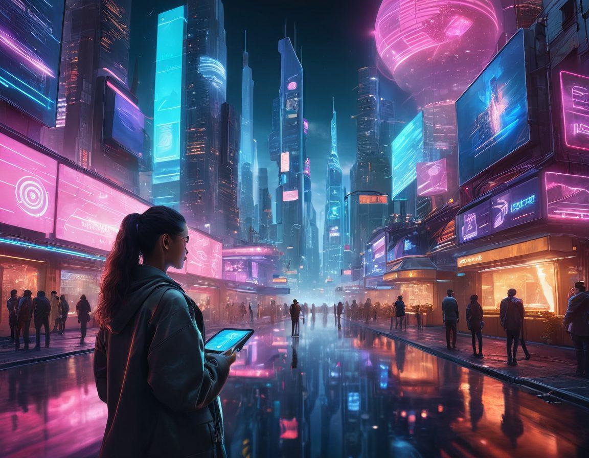 A futuristic cityscape showcasing advanced digital content platforms, with holographic displays and immersive technology symbols all around. Diverse people interacting with innovative gadgets and vibrant digital interfaces, illustrating collaboration and creativity. Soft ethereal lighting to convey a sense of hope and progress. super-realistic. vibrant colors. cyberpunk.
