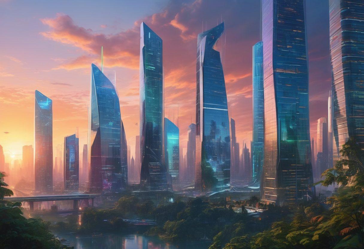 A futuristic cityscape merging technology and nature, featuring skyscrapers made of glass and greenery, digital screens displaying progress graphs, and people interacting with holographic interfaces. A bright, hopeful skyline at sunset, highlighting advancements in AI and renewable energy. super-realistic. vibrant colors. cyberpunk.