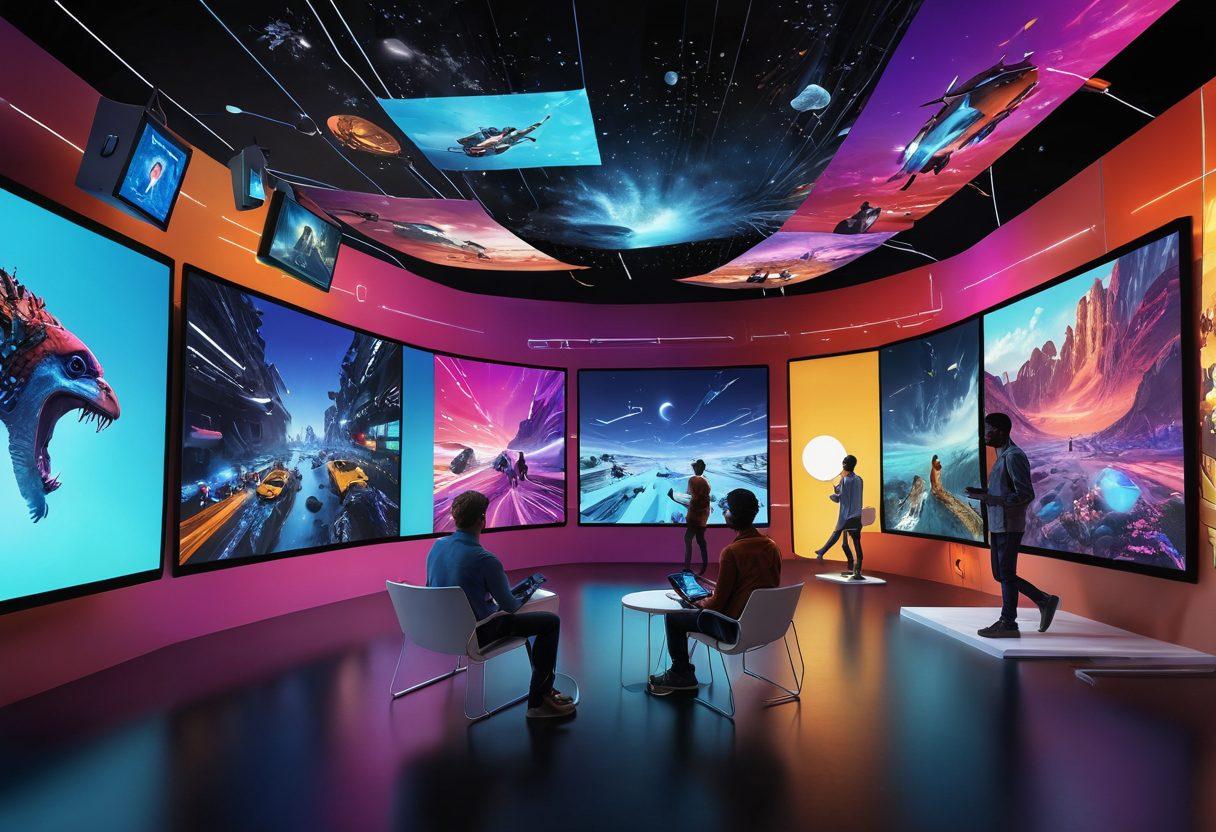 A futuristic digital landscape showcasing a diverse array of people engaged in immersive storytelling through various screens and devices. Include elements of virtual reality, animated text, and floating visual narratives to illustrate the evolution of online editorials. Integrate vibrant colors and dynamic patterns to convey energy and creativity. super-realistic. vibrant colors. 3D.